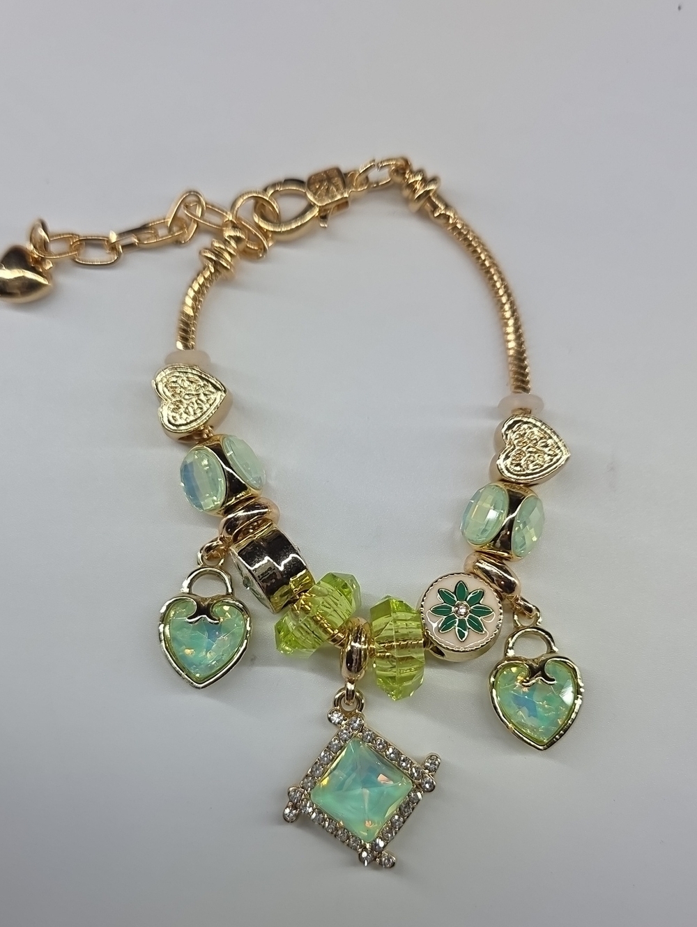 Gold-Tone Mint Opal Heart & Square Charm Bracelet. Pandora Style W/ Ext